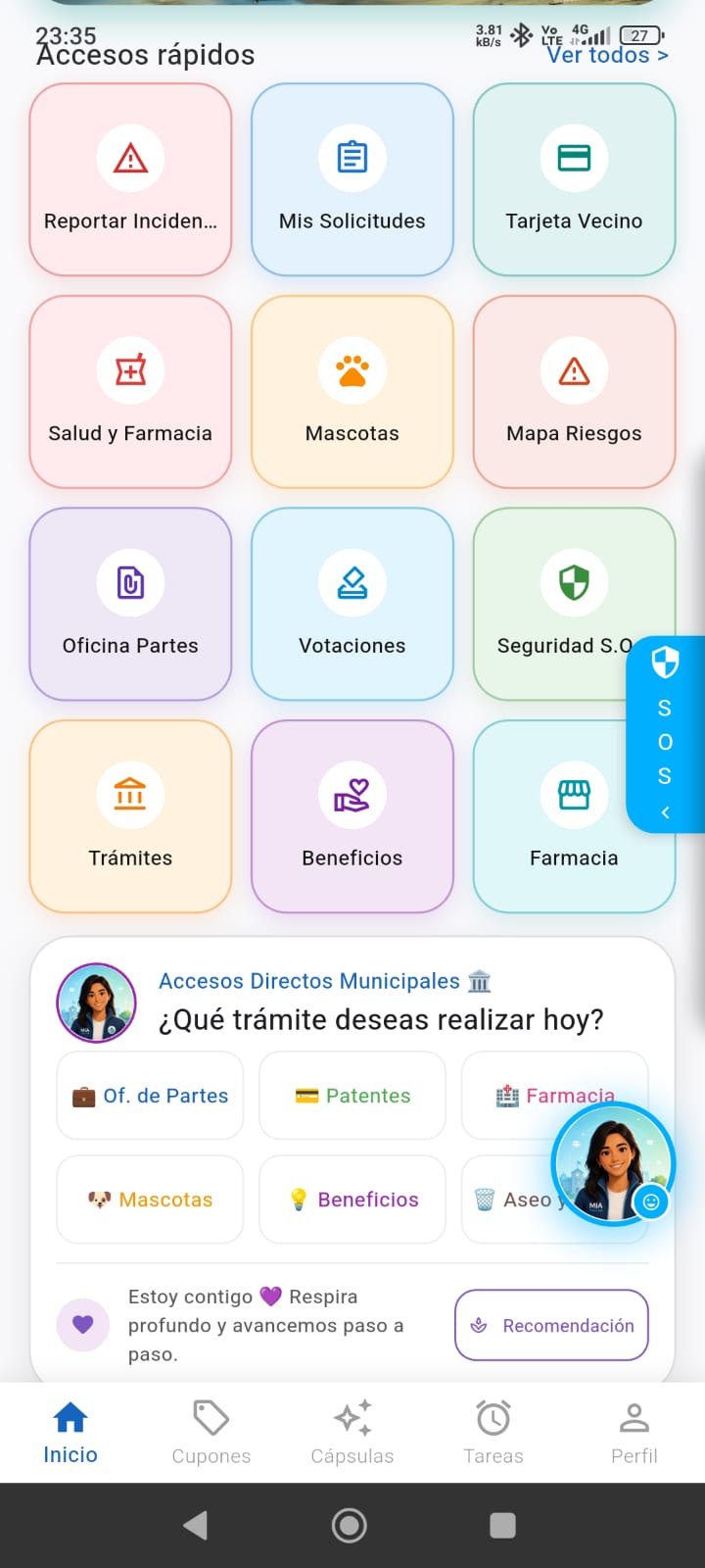 Vista real de accesos rapidos de la app MIA Municipal
