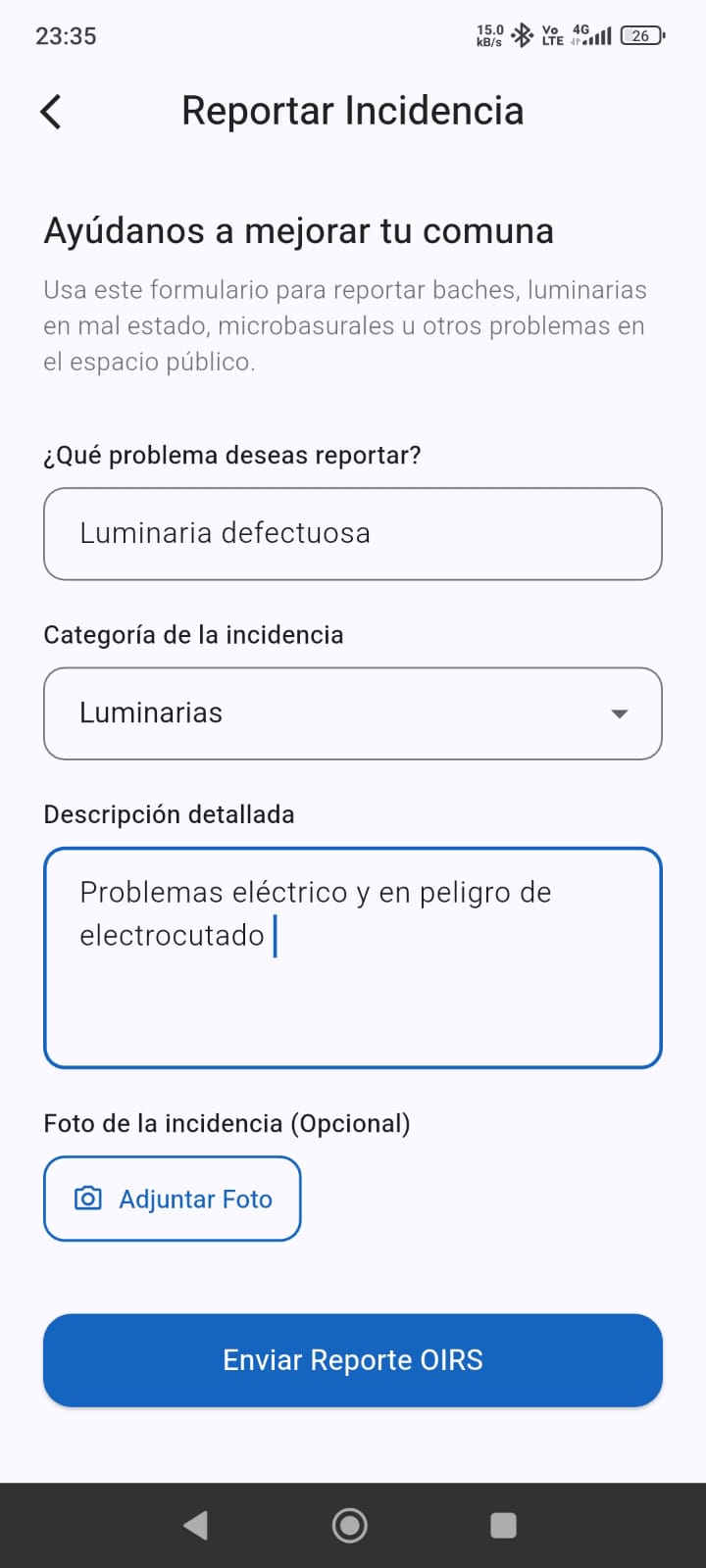 Formulario para reportar incidencia en MIA Municipal