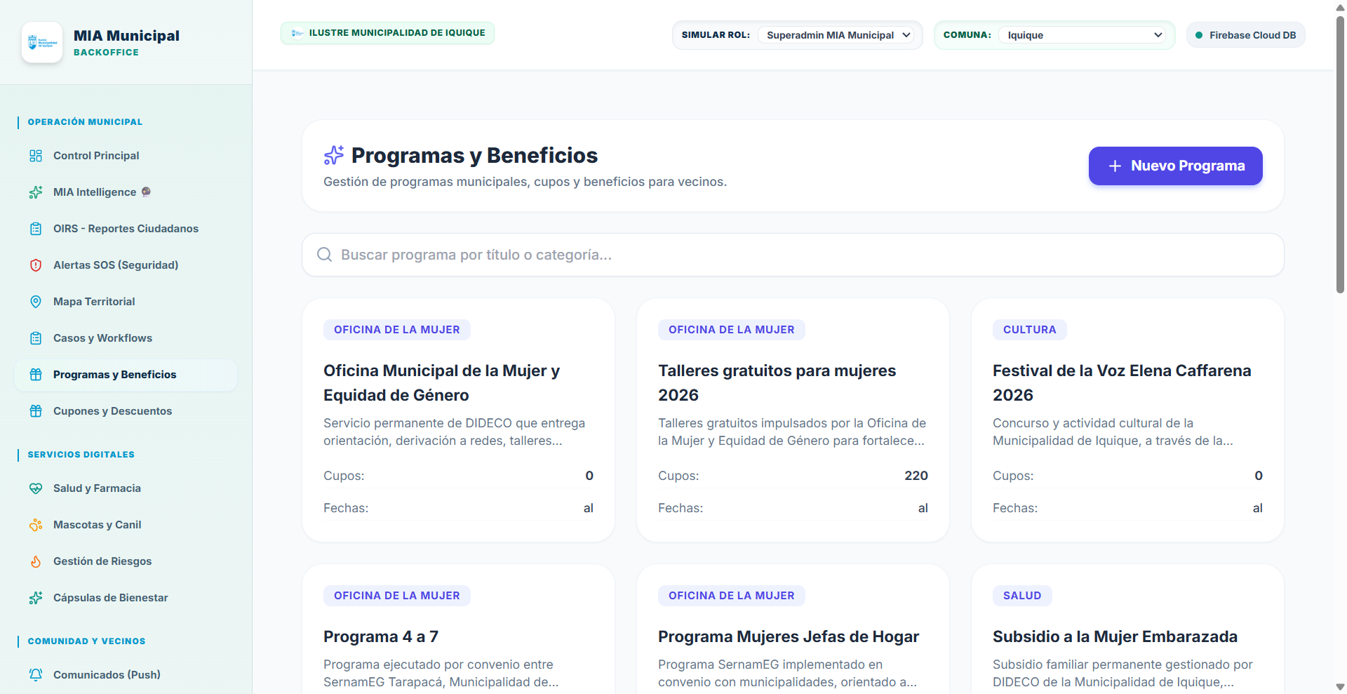 Modulo de programas y beneficios del backoffice MIA Municipal
