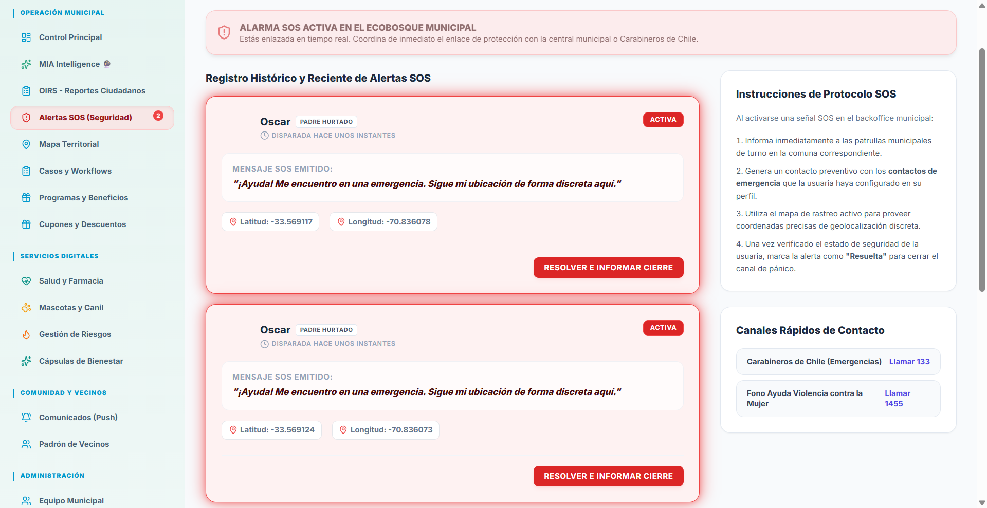Modulo de alertas SOS del backoffice MIA Municipal