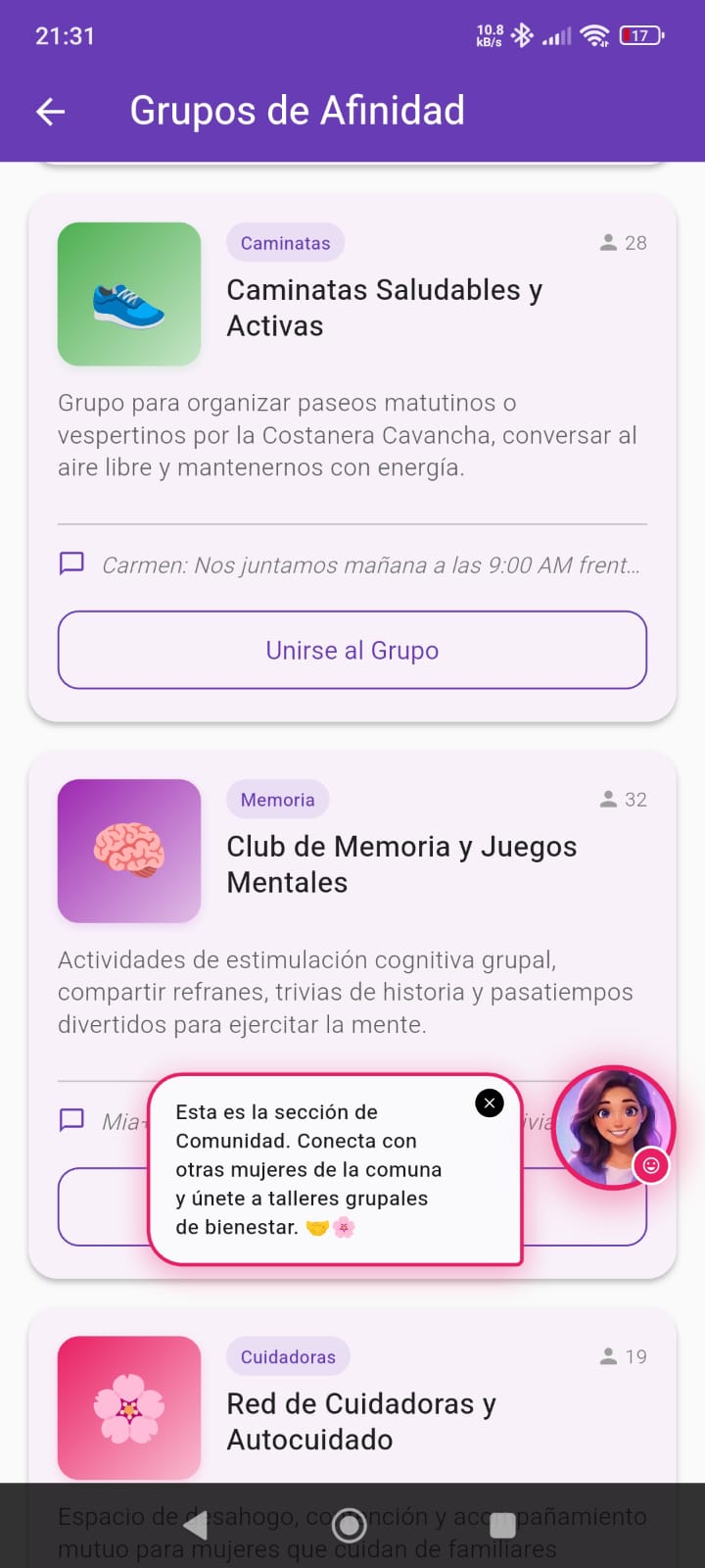 Pantallazo de grupos de afinidad con comunidades saludables y de memoria en Mia+
